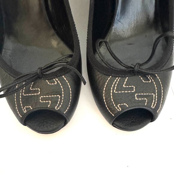 Gucci Black Leather Peep-toe Wedge Pumps with Box and Dust bag - Picture 3 of 9